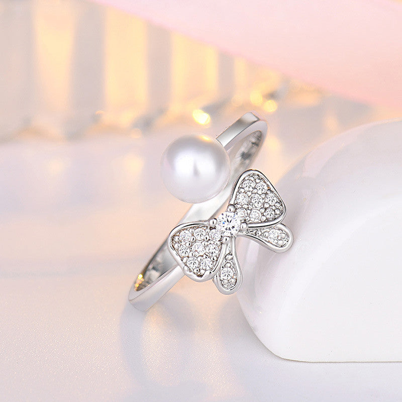 Silver Plated American Diamond Studded Butterfly Shape Contemporary Korean Finger Ring