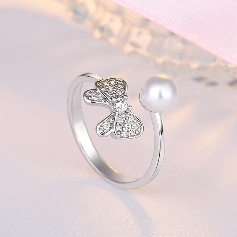 Silver Plated American Diamond Studded Butterfly Shape Contemporary Korean Finger Ring