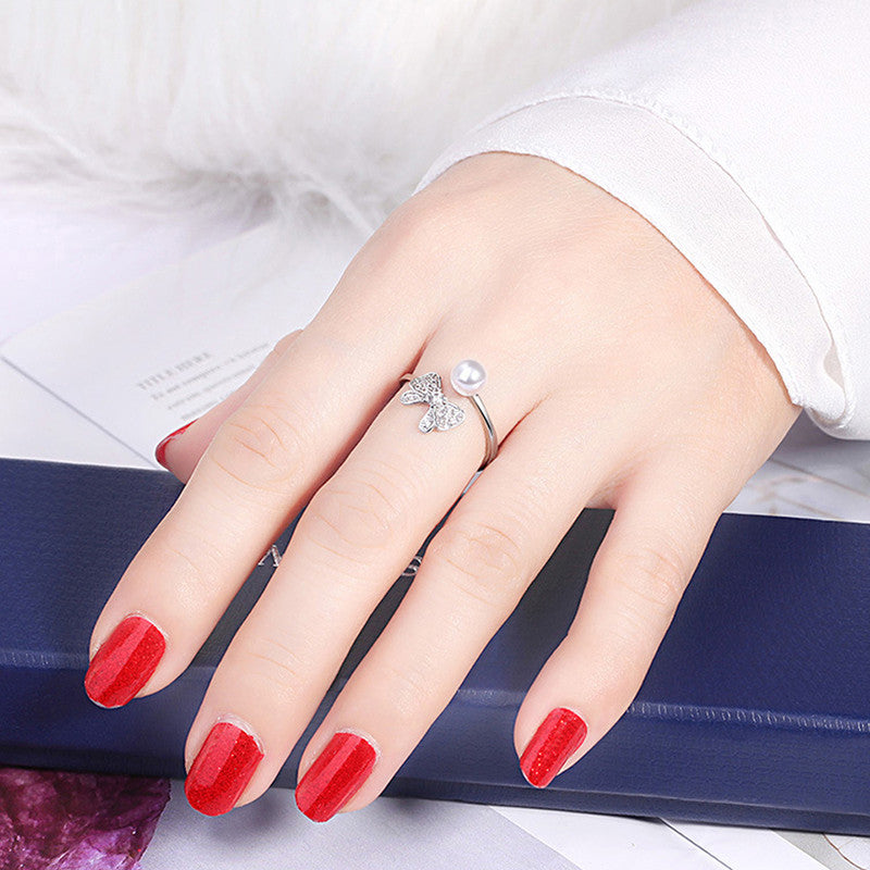 Silver Plated American Diamond Studded Butterfly Shape Contemporary Korean Finger Ring