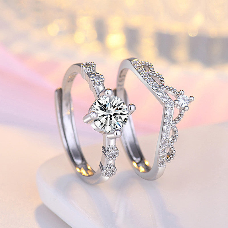 Silver Plated American Diamond Studded Crown Shape Contemporary Korean Finger Ring