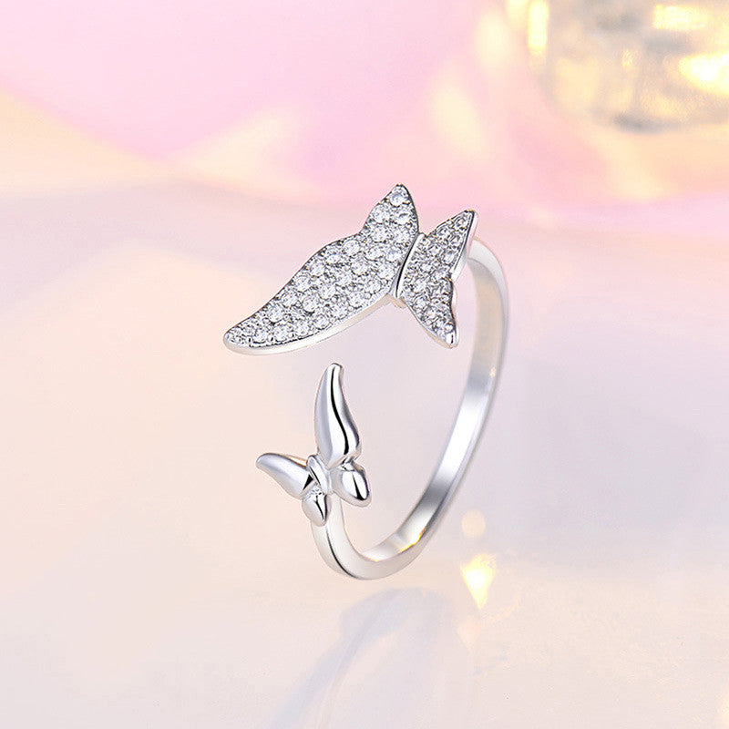 Silver Plated American Diamond Studded Butterfly Shape Contemporary Korean Finger Ring