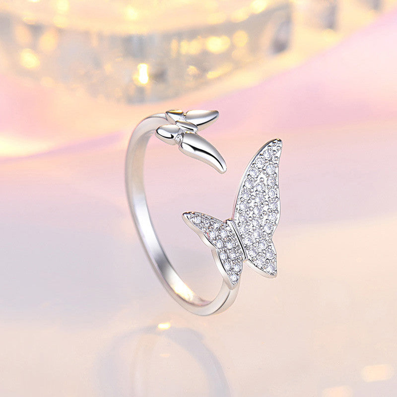 Silver Plated American Diamond Studded Butterfly Shape Contemporary Korean Finger Ring