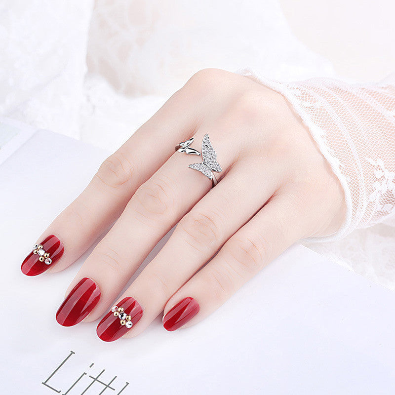 Silver Plated American Diamond Studded Butterfly Shape Contemporary Korean Finger Ring