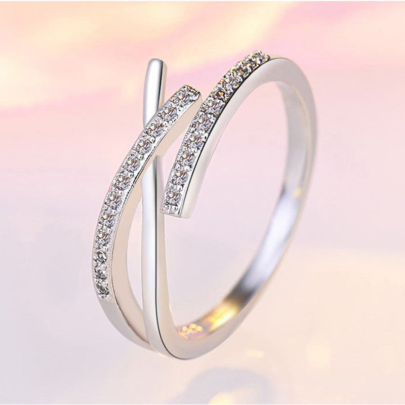 Silver Plated American Diamond Studded Contemporary Korean Finger Ring