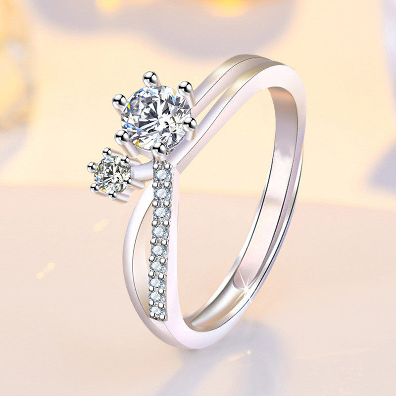 Silver Plated American Diamond Studded Contemporary Korean Finger Ring