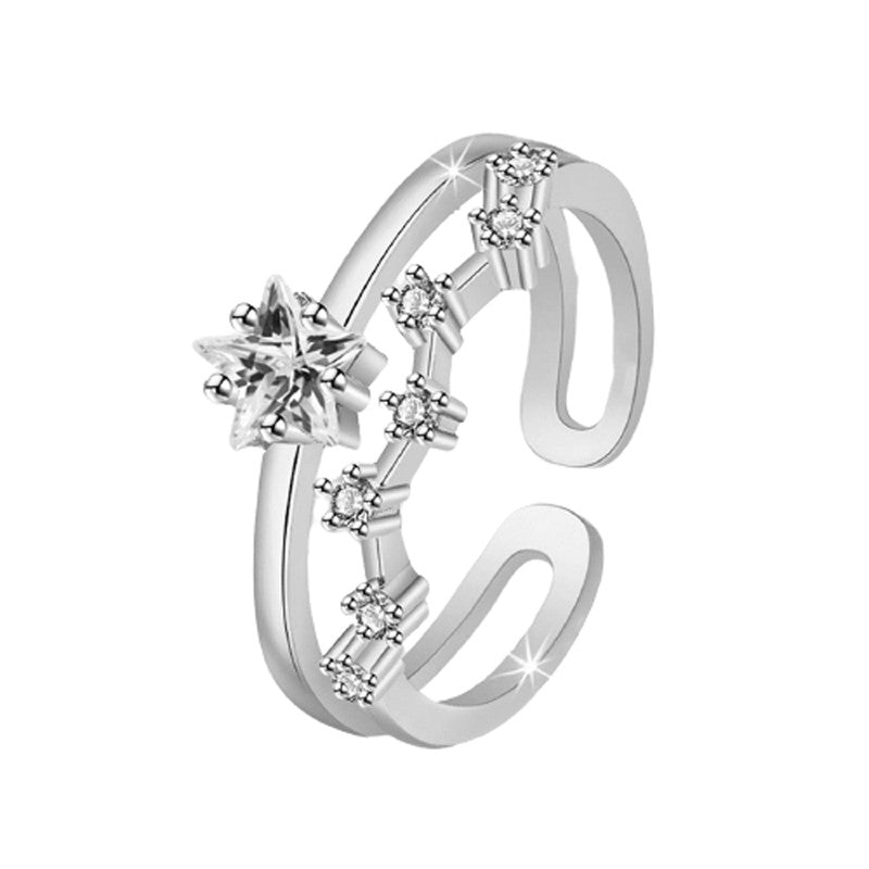 Silver Plated American Diamond Studded Star Shape Contemporary Korean Finger Ring