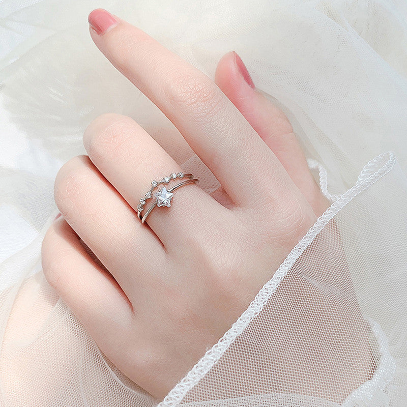 Silver Plated American Diamond Studded Star Shape Contemporary Korean Finger Ring