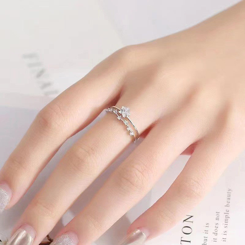 Silver Plated American Diamond Studded Star Shape Contemporary Korean Finger Ring