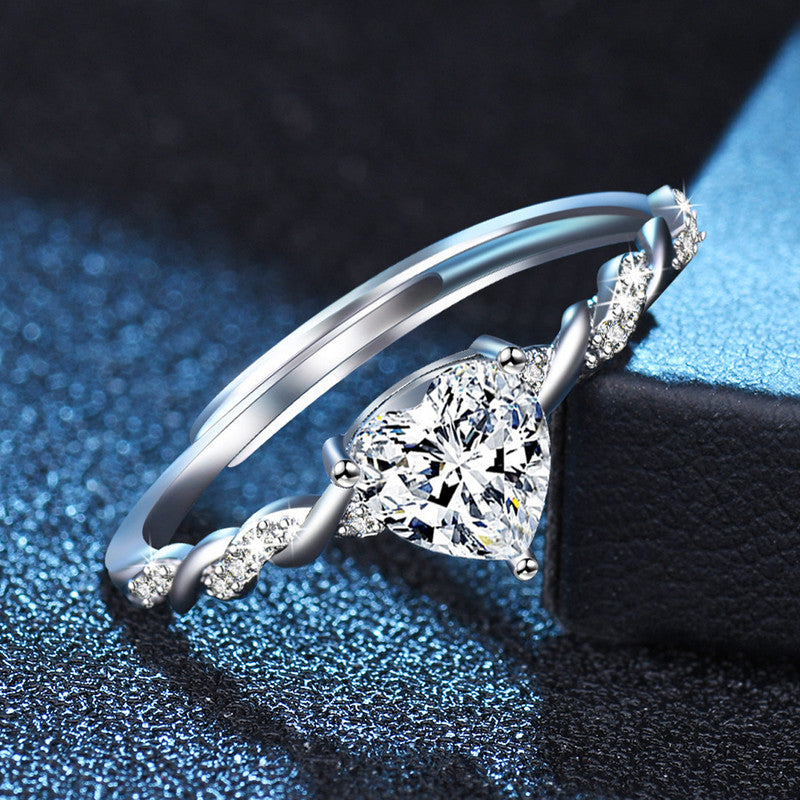 Silver Plated American Diamond Studded Heart Shape Contemporary Korean Finger Ring