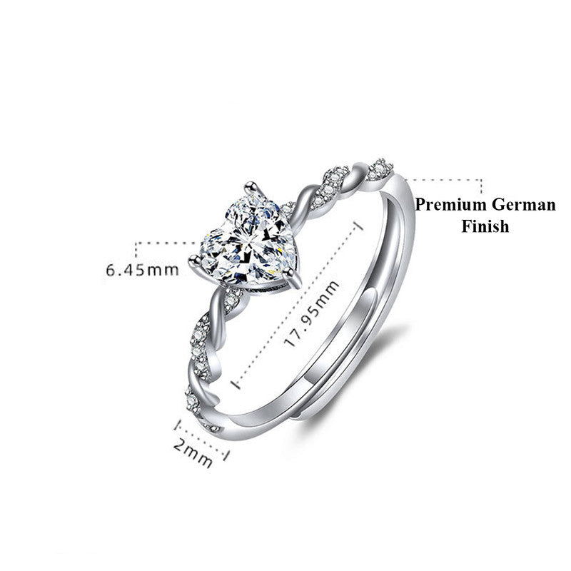 Silver Plated American Diamond Studded Heart Shape Contemporary Korean Finger Ring