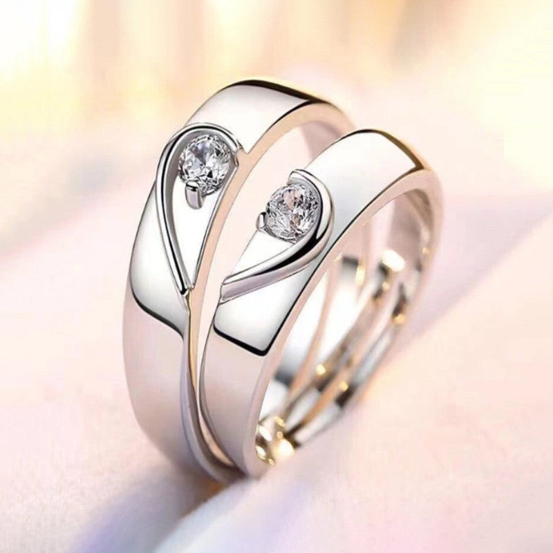 Silver Plated American Diamonds Studded Adjustable Heart Themed Couple Rings