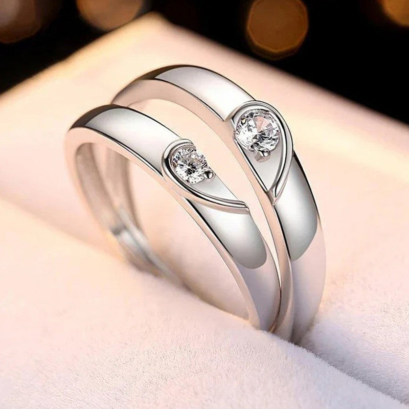 Silver Plated American Diamonds Studded Adjustable Heart Themed Couple Rings