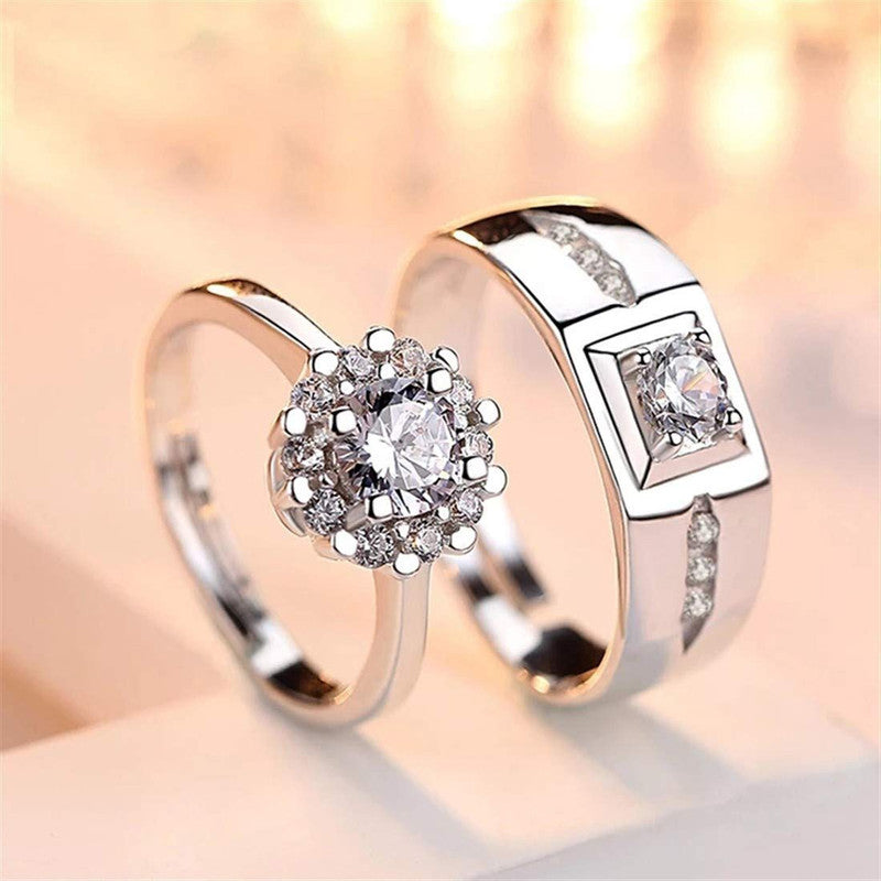 Silver Plated American Diamonds Studded Classic Adjustable Couple Rings