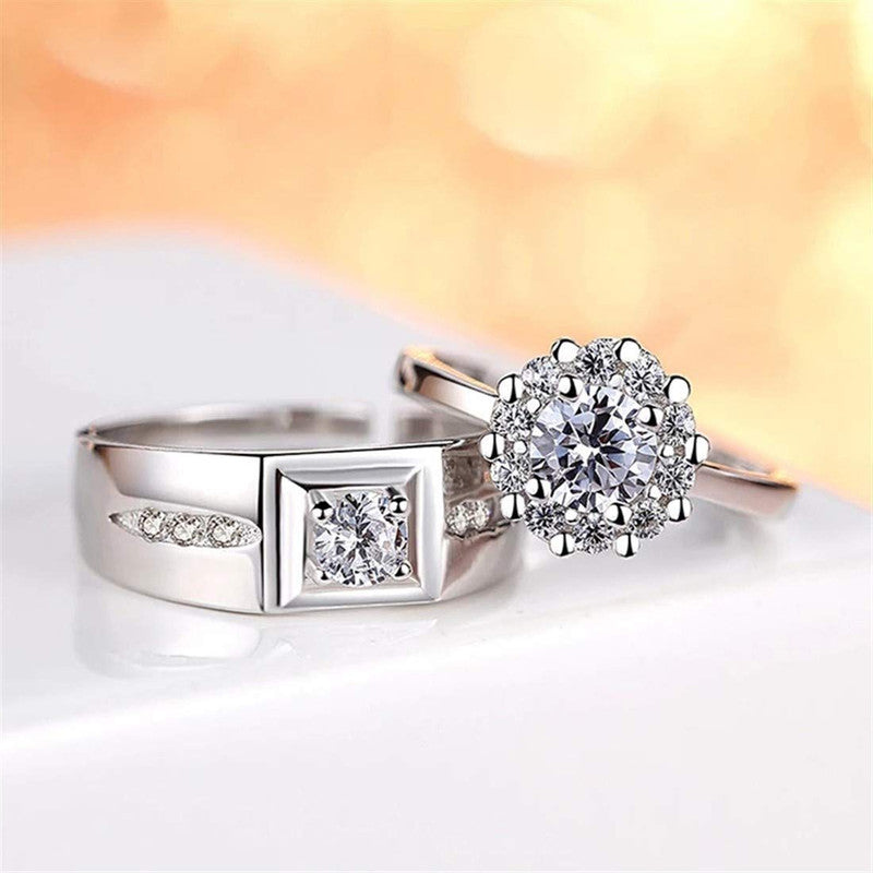 Silver Plated American Diamonds Studded Classic Adjustable Couple Rings