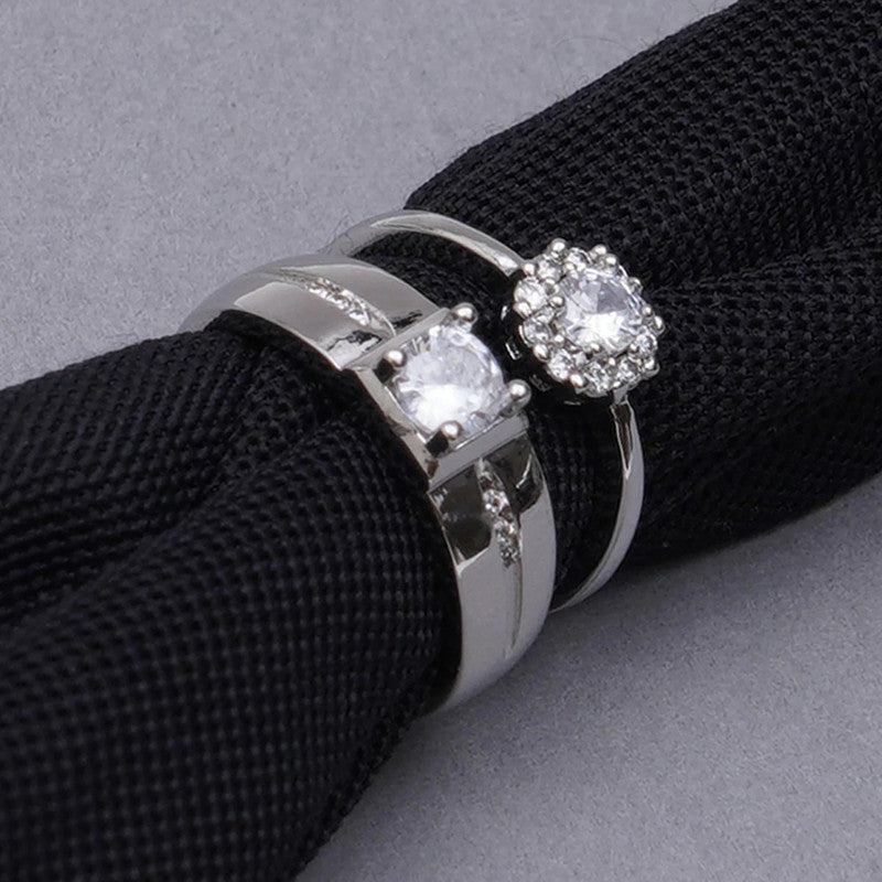 Silver Plated American Diamonds Studded Classic Adjustable Couple Rings