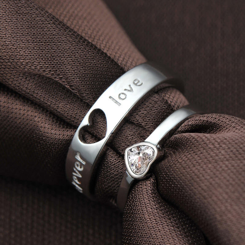 Silver Plated American Diamonds Studded Adjustable Heart Themed Couple Rings