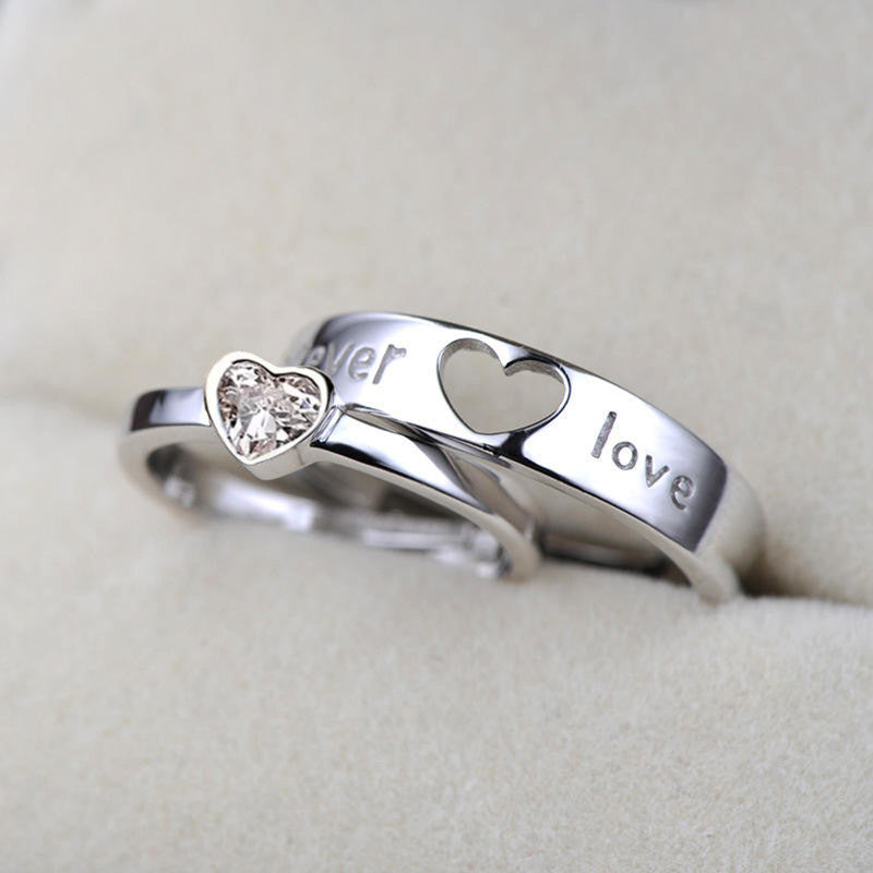 Silver Plated American Diamonds Studded Adjustable Heart Themed Couple Rings