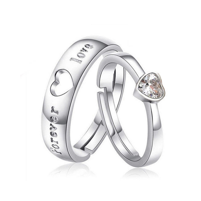 Silver Plated American Diamonds Studded Adjustable Heart Themed Couple Rings