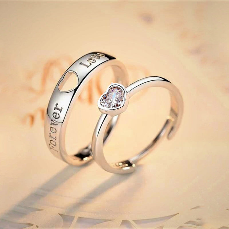 Silver Plated American Diamonds Studded Adjustable Heart Themed Couple Rings