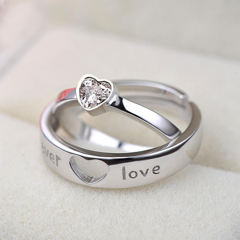 Silver Plated American Diamonds Studded Adjustable Heart Themed Couple Rings