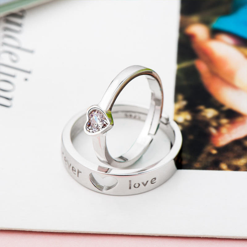 Silver Plated American Diamonds Studded Adjustable Heart Themed Couple Rings