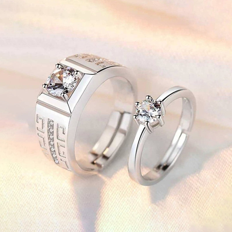 Silver Plated American Diamonds Studded Classic Adjustable Couple Rings