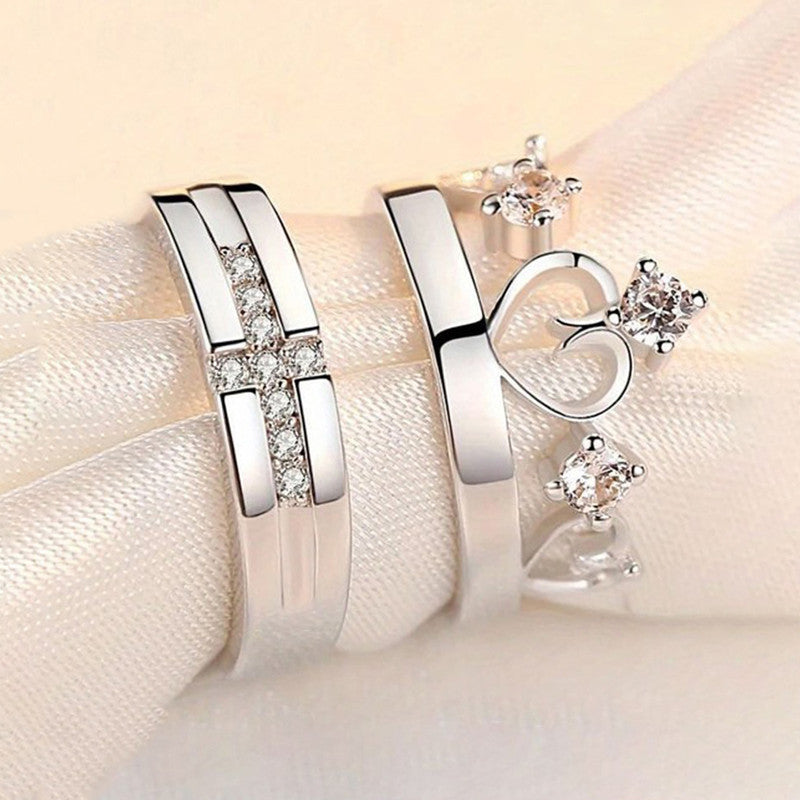 Silver Plated American Diamonds Studded Adjustable Heart Themed Couple Rings