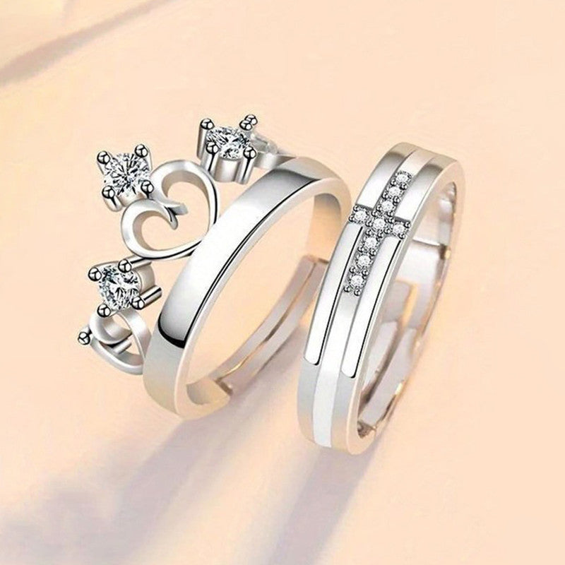 Silver Plated American Diamonds Studded Adjustable Heart Themed Couple Rings