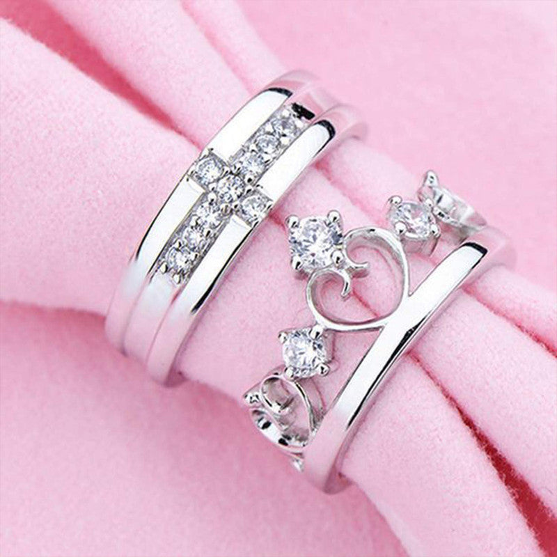 Silver Plated American Diamonds Studded Adjustable Heart Themed Couple Rings