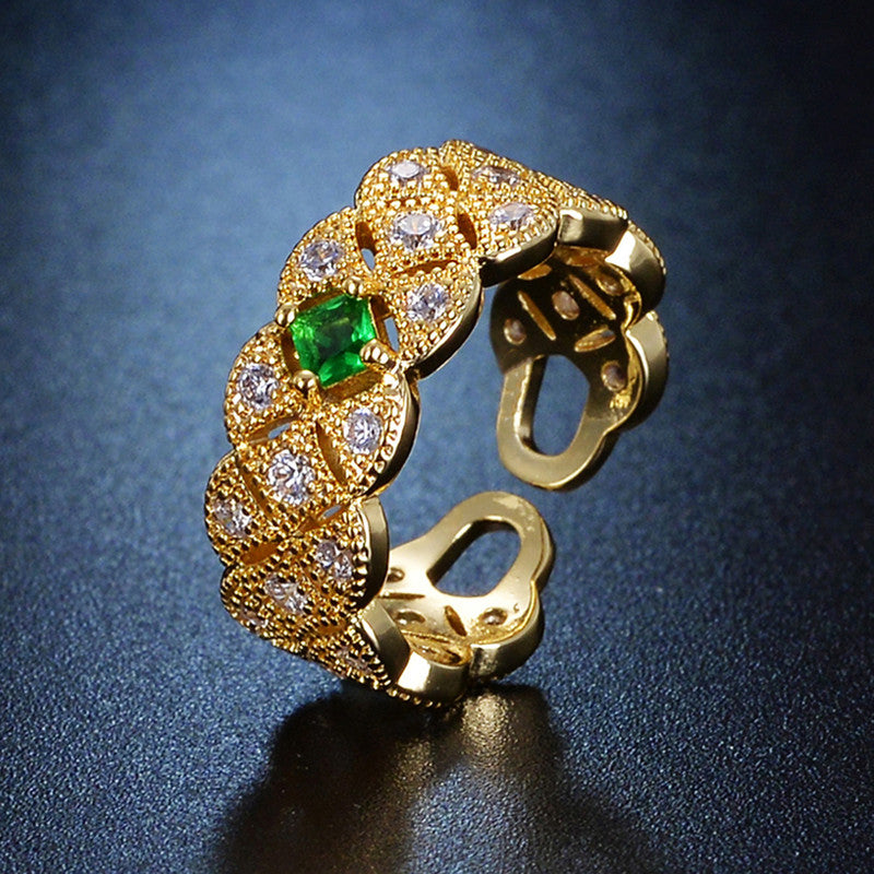 Gold Plated Crystal Studded Contemporary Green Stone Adjustable Finger Ring - MySmartBazaar