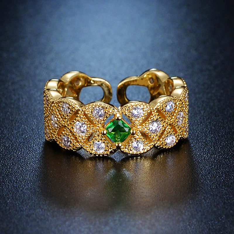 Gold Plated Crystal Studded Contemporary Green Stone Adjustable Finger Ring