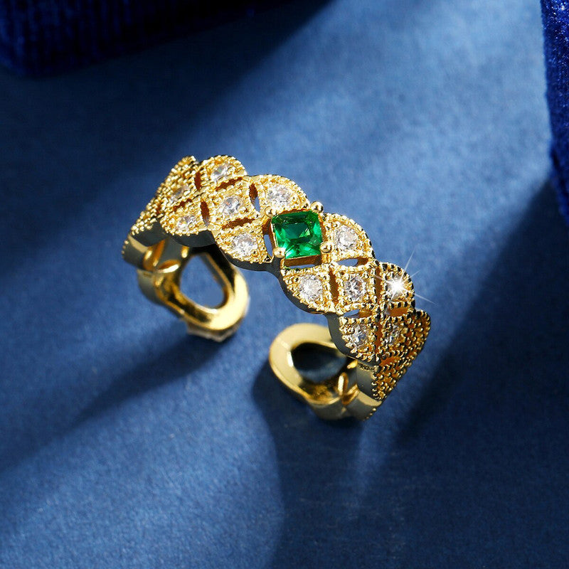 Gold Plated Crystal Studded Contemporary Green Stone Adjustable Finger Ring