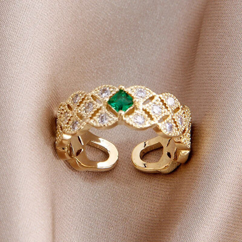 Gold Plated Crystal Studded Contemporary Green Stone Adjustable Finger Ring