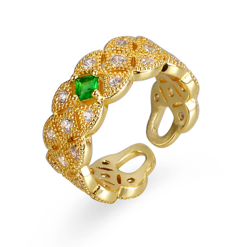 Gold Plated Crystal Studded Contemporary Green Stone Adjustable Finger Ring