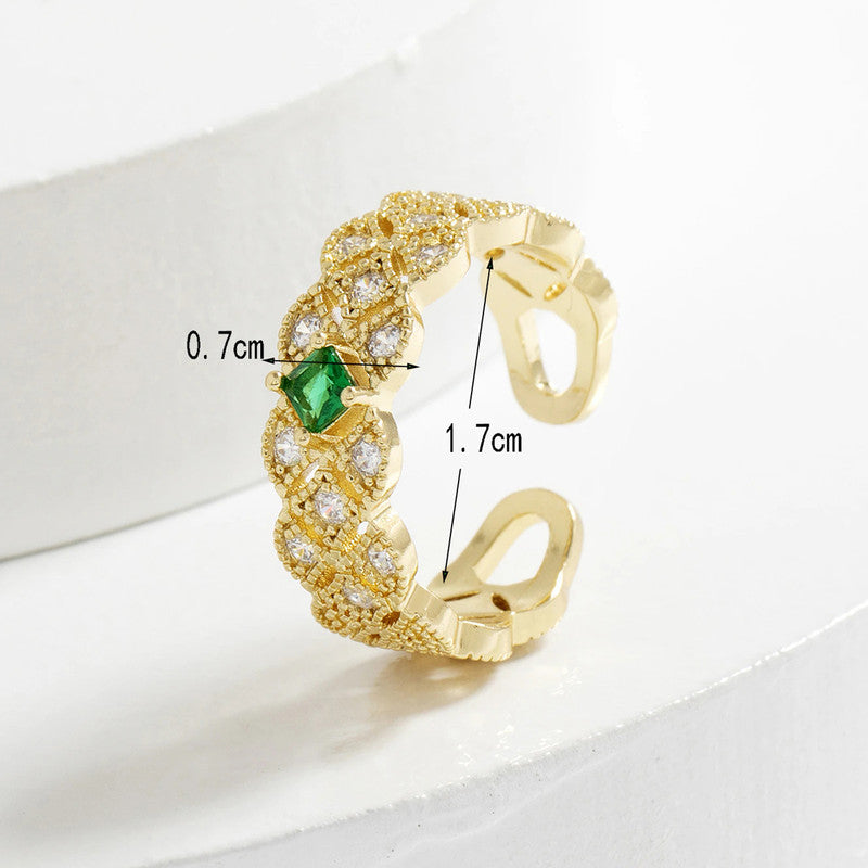 Gold Plated Crystal Studded Contemporary Green Stone Adjustable Finger Ring