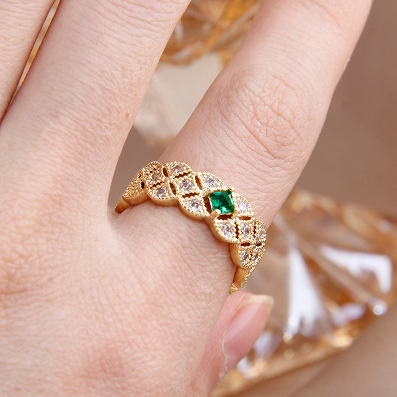 Gold Plated Crystal Studded Contemporary Green Stone Adjustable Finger Ring