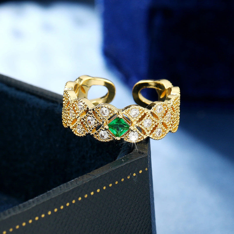 Gold Plated Crystal Studded Contemporary Green Stone Adjustable Finger Ring