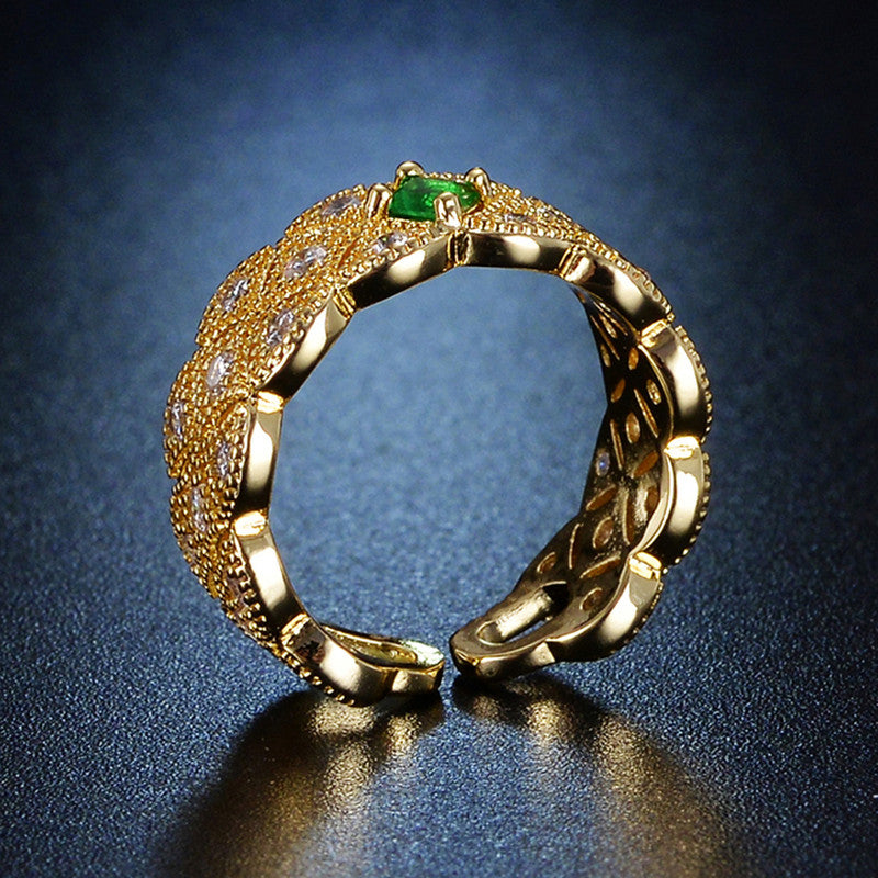 Gold Plated Crystal Studded Contemporary Green Stone Adjustable Finger Ring