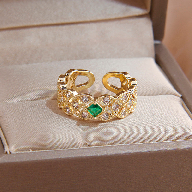 Gold Plated Crystal Studded Contemporary Green Stone Adjustable Finger Ring