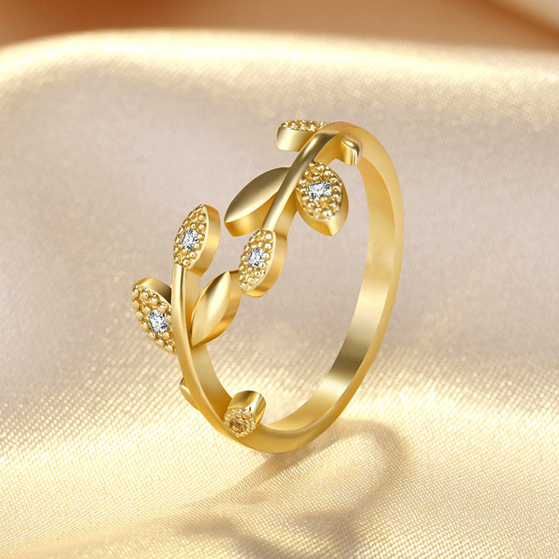 Gold Plated American Diamond Studded Leaf Inspired Contemporary Korean Finger Ring