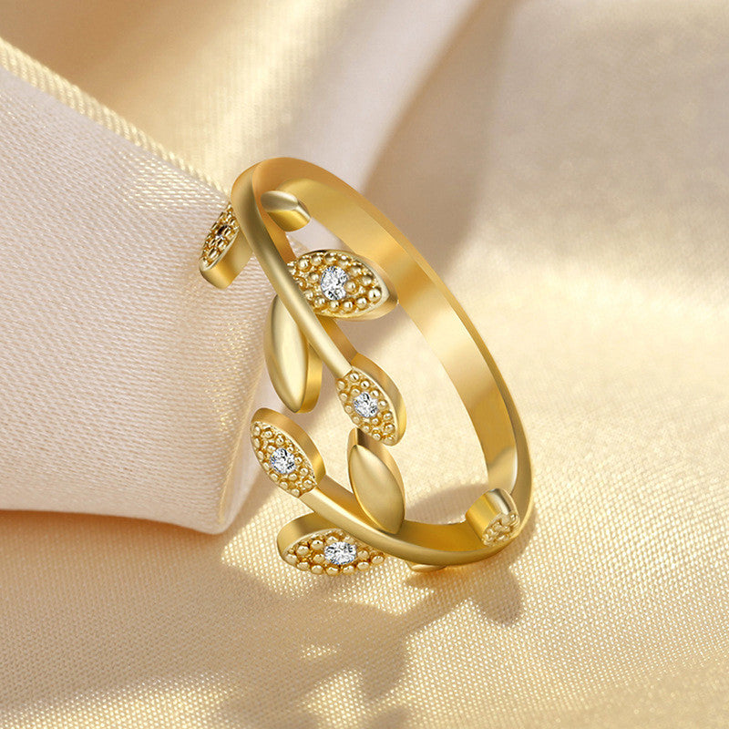 Gold Plated American Diamond Studded Leaf Inspired Contemporary Korean Finger Ring