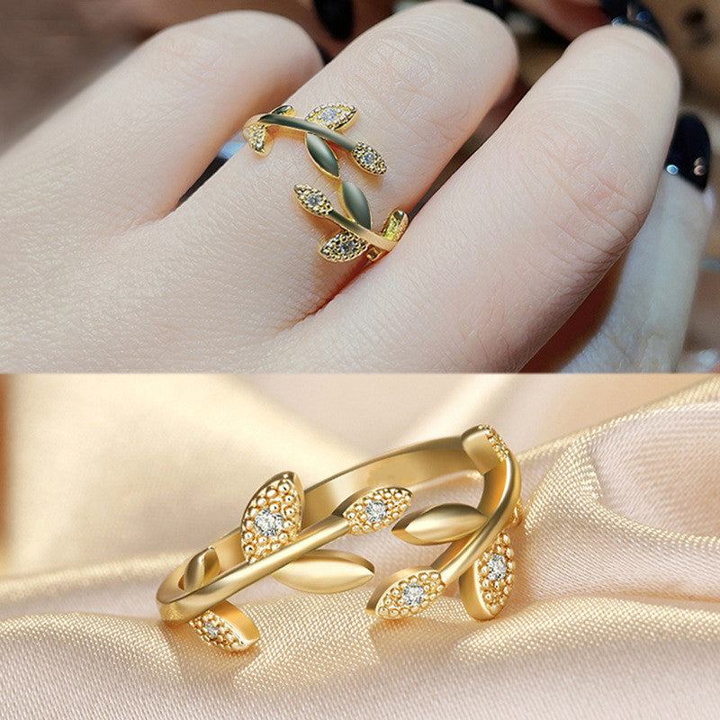 Gold Plated American Diamond Studded Leaf Inspired Contemporary Korean Finger Ring