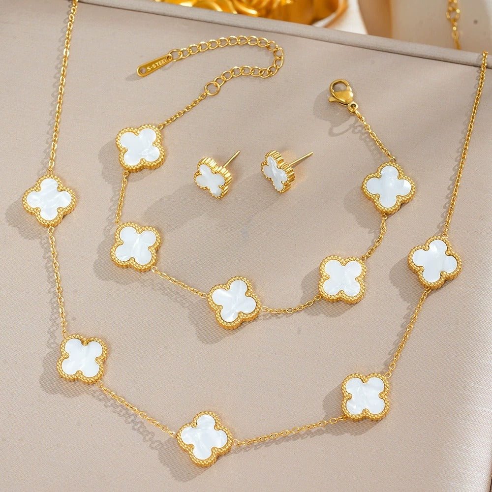 Stainless Steel Gold Plated Set Of White Anti Tarnish Clover Jewellery Set For Girls And Women