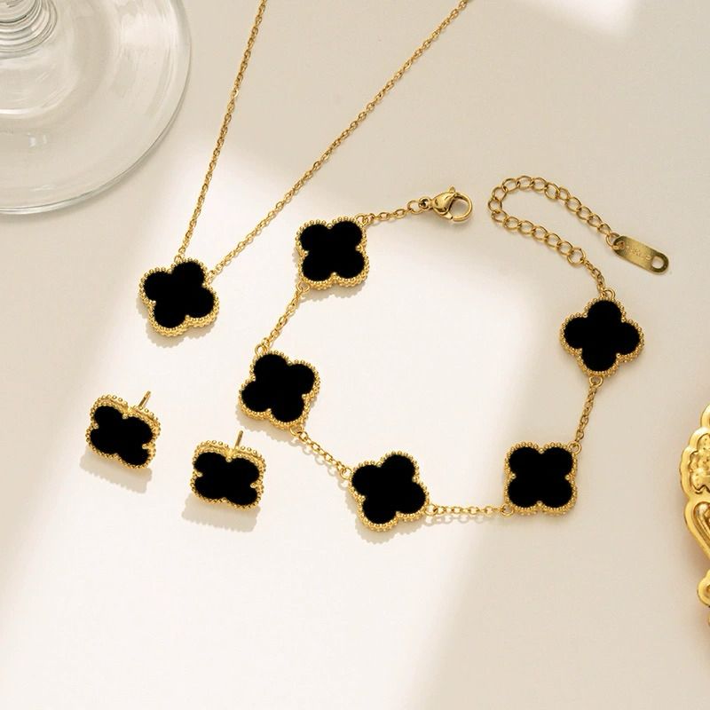 Stainless Steel Gold Plated Set Of Black Anti Tarnish Clover Jewellery Set For Girls And Women